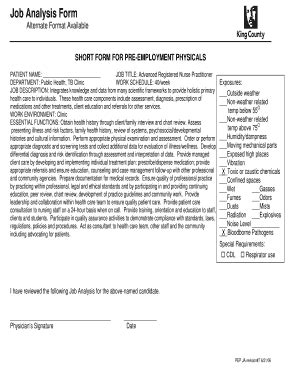 Fillable Online Kingcounty SHORT FORM FOR PRE EMPLOYMENT PHYSICALS Fax