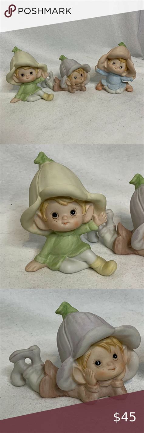 Homko Set Of 3 Vintage Garden Pixie Elf Fairies Tulip Ceramic Figurines