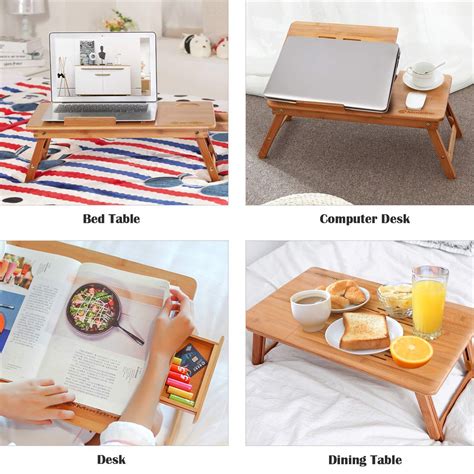 Bamboo Laptop Desk Adjustable Portable Breakfast Serving Bed Tray With