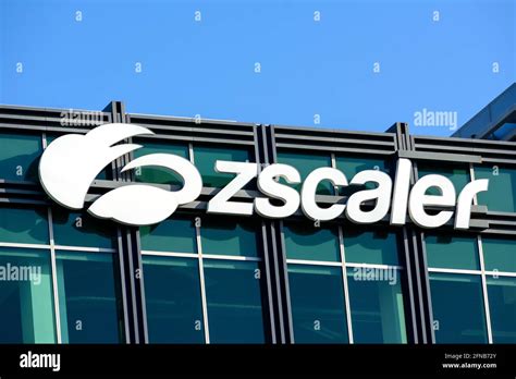 Zscaler sign logo on HQ campus building in Silicon Valley. Zscaler is a ...