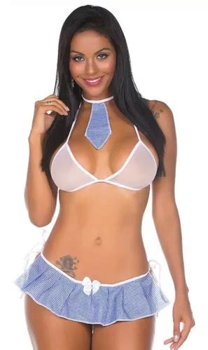 Colegial Mini Fantasia Lingerie Pimenta Sexy Top Saia Tan