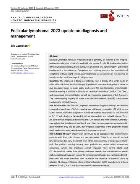 Pdf Follicular Lymphoma Update On Diagnosis And Management