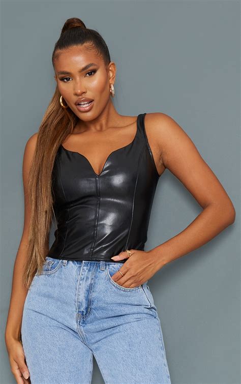 Black Faux Leather Sweetheart Neckline Corset Prettylittlething