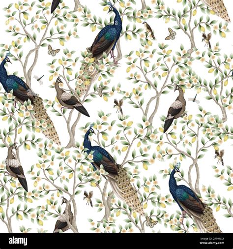 Chinoiserie Seamless Pattern With Peacocks And Flowers Trees Vector