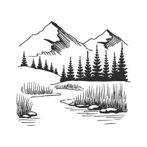 Mountain with pine trees and lake landscape black on white background ...