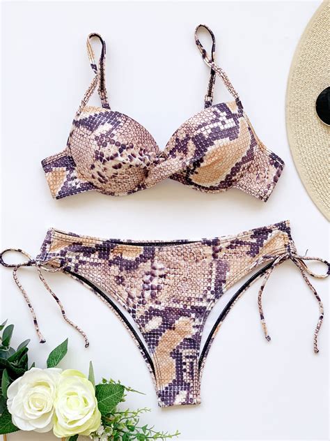 Bikini Badeanzug für Frauen Python Print Muster Schnürgurte Hals