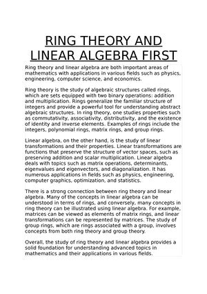 RING Theory AND Linear Algebra First RING THEORY AND LINEAR ALGEBRA