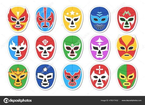 Lucha Libre Luchador Mexican Face Head Mask Set Stock Vector By