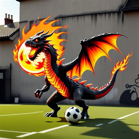 Premium AI Image | a dragon playing soccer with a flaming ball in the ...