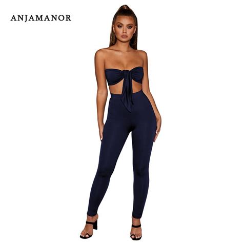 ANJAMANOR Bodycon iki parçalı Set kırpma üst ve pantolon seksi elbise