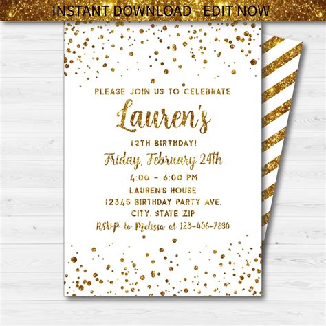 Gold Glitter Birthday Party Invitation Template Digital Etsy