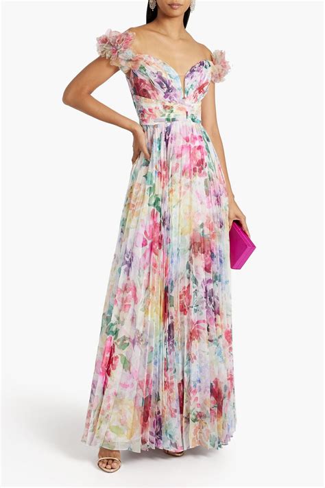 MARCHESA NOTTE Off The Shoulder Pleated Printed Chiffon Maxi Dress