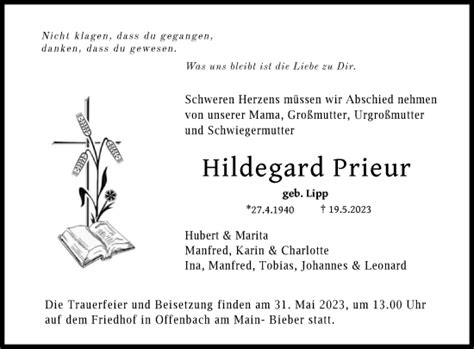 Traueranzeigen Von Hildegard Prieur Trauer Op Online De