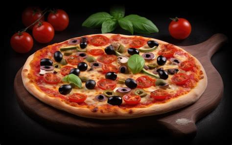 Una Pizza Con Aceitunas Y Tomates En Un Fondo Negro Foto Premium