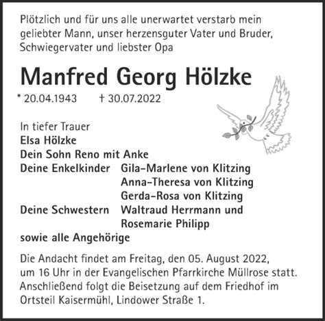 Traueranzeigen von Manfred Georg Hölzke Märkische Onlinezeitung