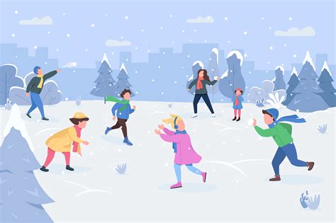 Snowball fight semi flat vector illustration By ntl-studio | TheHungryJPEG