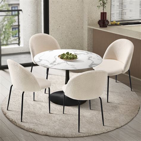 Buy Oikiture 90cm Round Dining Table With 4pcs Dining Chairs Sherpa White Mydeal