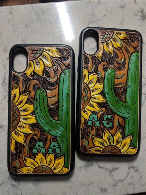 Custom Tooled Leather Phone Case With Cactus And Sunflowers Etsy