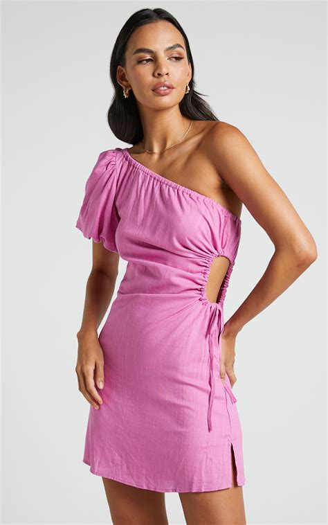 Alondra Mini Dress One Shoulder Puff Sleeve Tie Waist Dress In Orchid