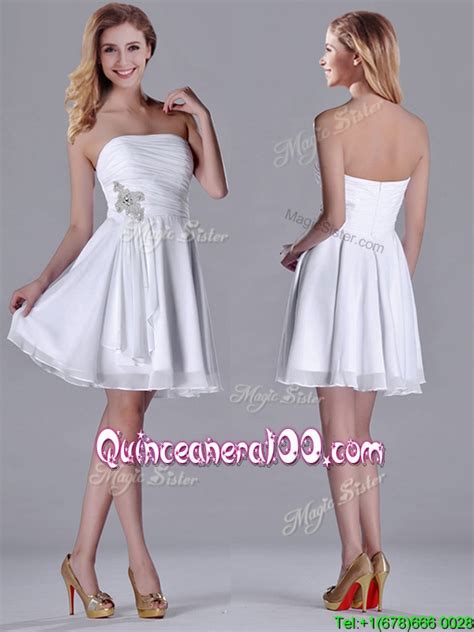 Elegant Empire Strapless Beaded White Dama Dress In Chiffon Quinceanera 100