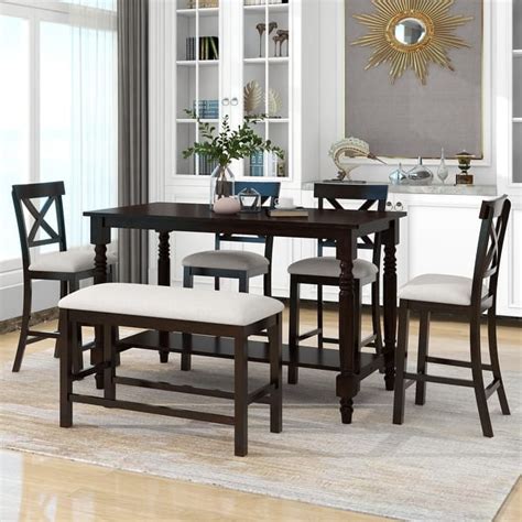 Elegant 6 Piece Counter Height Dining Table Set Table With Shelf 4