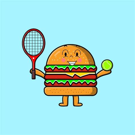 Niedlicher Cartoon Burger Charakter Der Tennisplatz In Flacher Cartoon