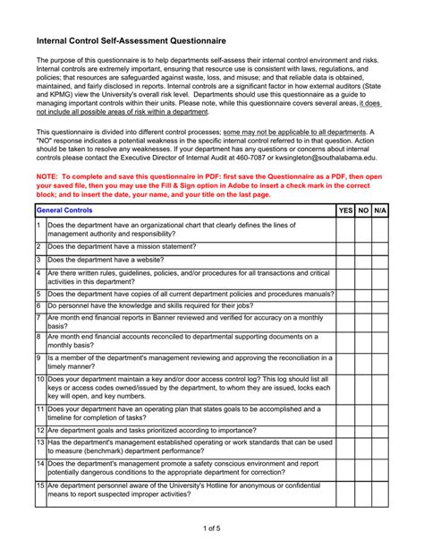 Internal Control Self Assessment Questionnaire