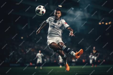 Premium AI Image | Soccer Player Kicking Ball MidAir during a Match