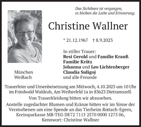 Traueranzeigen Von Christine Wallner Trauer Merkur De