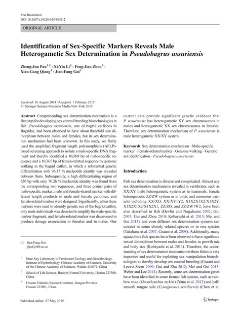 Pdf Identification Of Sex Specific Markers Reveals Male Heterogametic