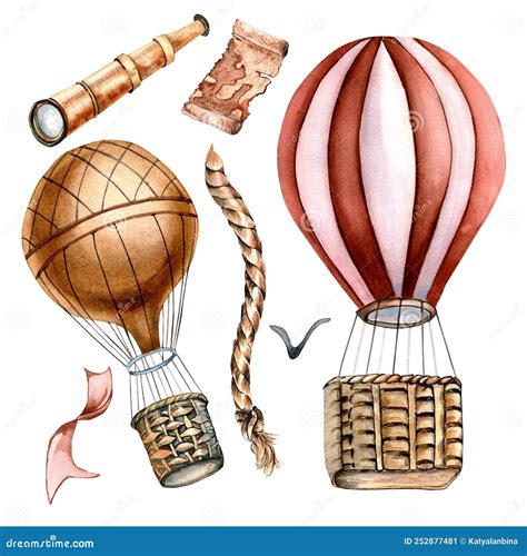 Set Of Vintage Hot Air Balloons Watercolor Illustration Isolated Stock