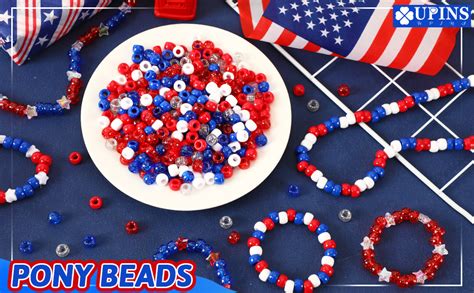 Upins 1200pcs Red White Blue Pony Beads Independent Day