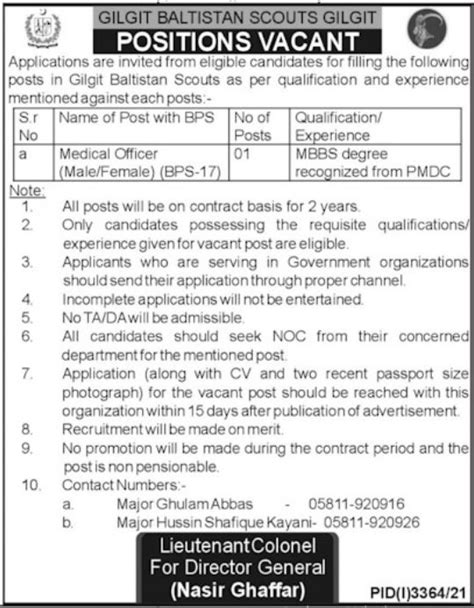 Gilgit Baltistan Scouts Jobs 2021 For Medical Officer 2024 Job