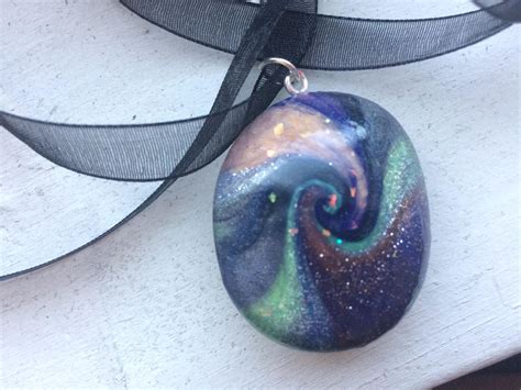 Oval Galaxy Inspired Polymer Clay Swirl Pendant Necklace By