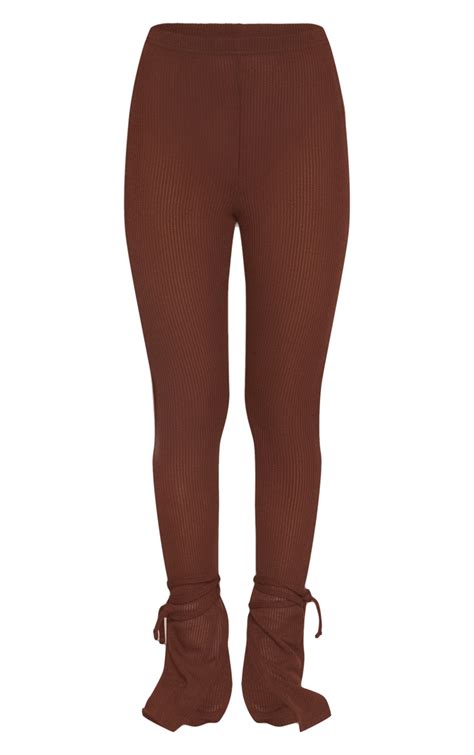 Chocolate Sheer Soft Rib Split Hem Tie Leggings Co Ords