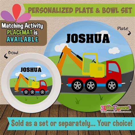 Personalized Digger Truck Plate And Bowl Set By 3littleflowers