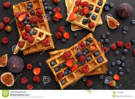 Round Belgium Waffles With Berries Top View Stock Image Image Of