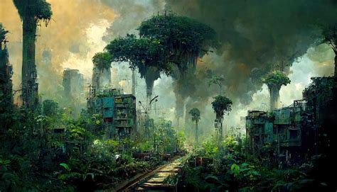 Premium Ai Image Post Apocalyptic Jungle City Concept Art