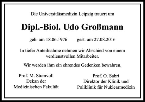 Traueranzeigen von Dipl Biol Udo Großmann trauer anzeigen de