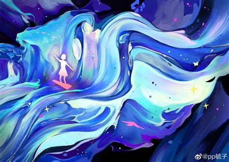 An Artistic Painting With Blue And Purple Swirls Stars And A Person