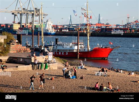 beach  hamburg harbour stock photo alamy
