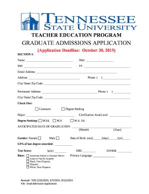 Fillable Online Tnstate Grad F15 Admission Application Doc Tnstate