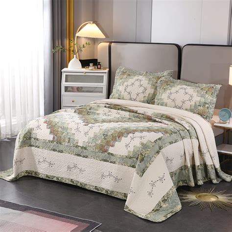 Vctops 3 Piece Embroidered Floral Quilted Bedspread Quilt Set Oversize