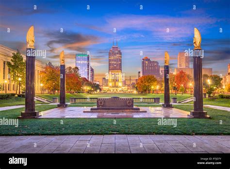 Indianapolis Indiana Usa Monuments And Downtown Skyline At Dusk Stock