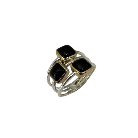 Bague Argent Laiton Cabochons Onyx Noir Goutte Ovale Taille