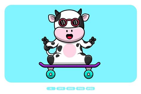 Cute Cow Sitting On Skateboard Graphic By Menjiwai Pool · Creative Fabrica