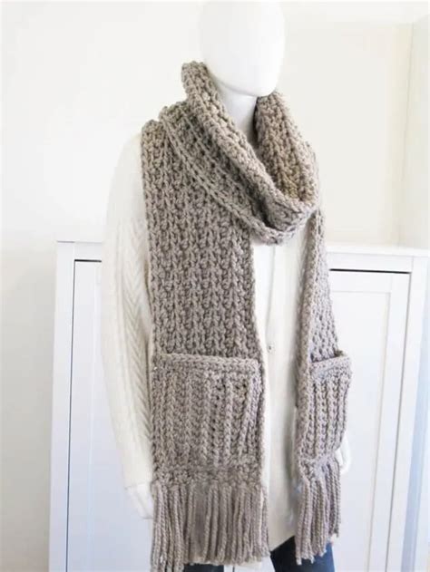 Crochet Scarf with Pockets, Driftwood Scarf - Crochet Dreamz