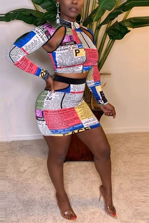 Sexy Newspaper Print Long Sleeve Two Piece Rodressonline