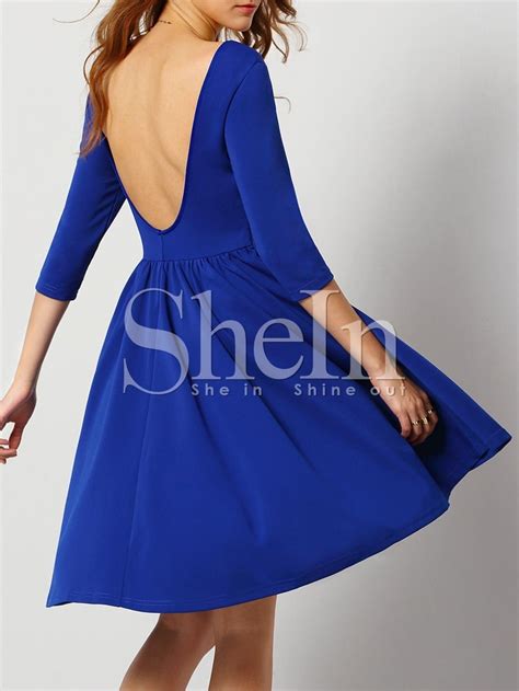 Blue Round Neck Pleated Dress Shein Sheinside