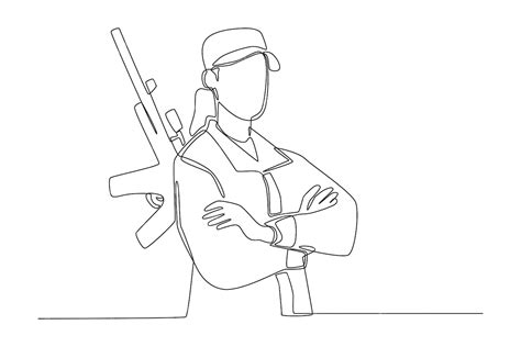 Premium Vector Continuous One Line Drawing Woman In Military Clothes With A Weapon Young Girl